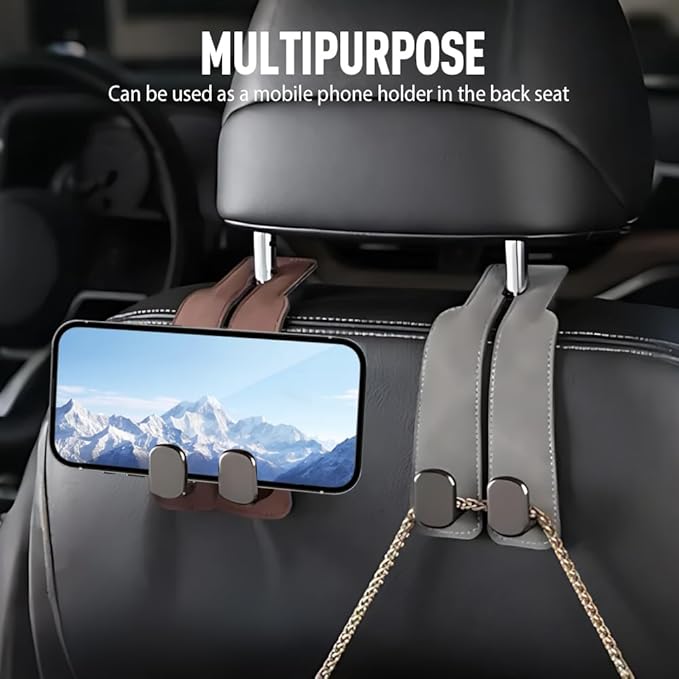 Car Seat Back Storage Hook, 2026 New Two Hook Fur Leather Seat Back Headrest Hanger Genuine Leather Double Metal Hook for Backseat Organizer, Car Organization Accessories (2, Gray)