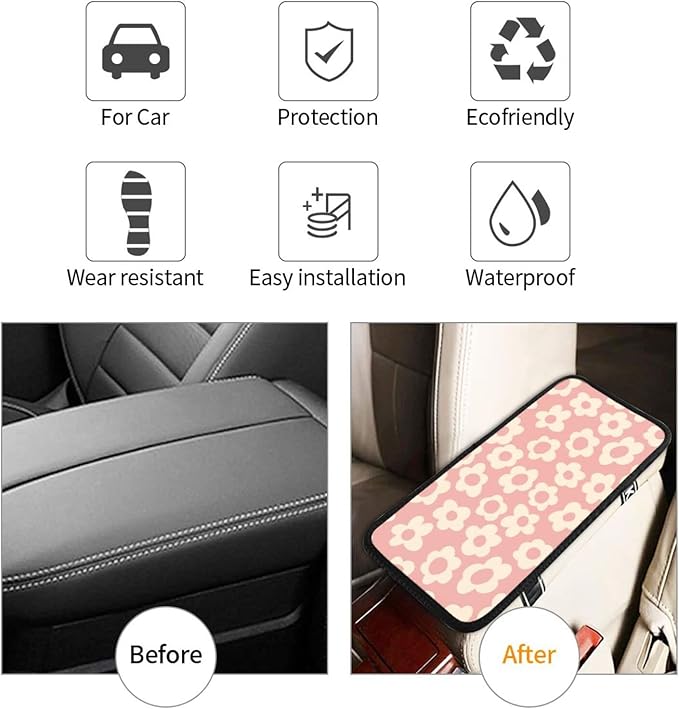 Vintage Groovy Flowers Auto Center Console Cover Pad Car Armrest Seat Box Cover Cushion Universal for Most Vehicle SUV Truck Car Accessories Decor