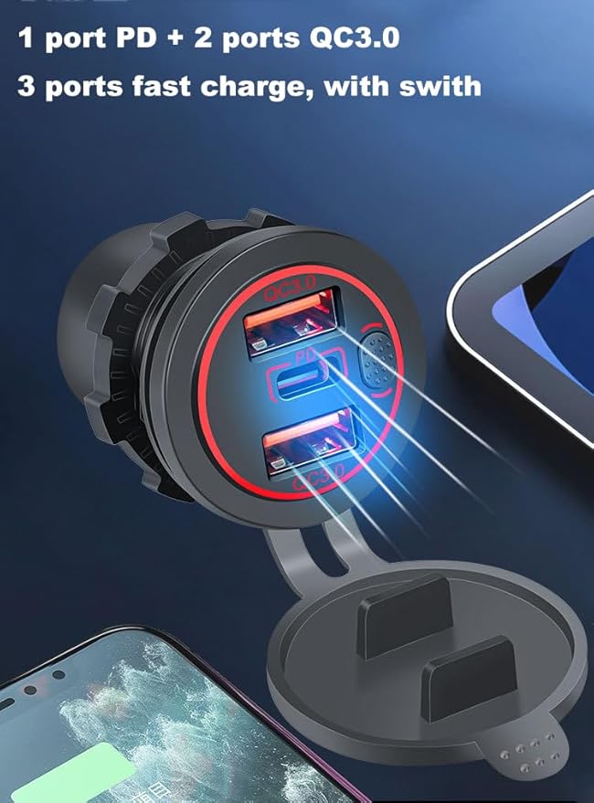 3 Ports 18W USB Car Charger With Switch, 12-24V Dual QC 3.0 USB & PD USB C Cigarette Lighter Socket Outlet, Dashboard Mount Quick Charge Charger for Car Motorcycle Truck Marine Boat (Red Light)