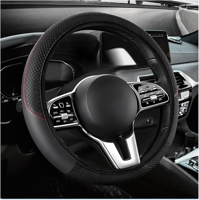 Car Steering Wheel Cover, 15 Inch Anti-Slip Stretch Leather Steering Wheel Protector, Comfortable Breathable Sporty Steering Wheel Cover for Women Men, Car Accessories (Black, AD)