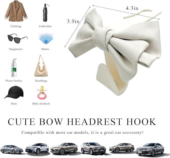 2PCS Purse Holder for Car Hooks, Cute Bow Car Seat Headrest Hooks Handbag Hanger, Bow Knot Auto Back Seat Organizer Storage Hook for Purse Bags Umbrellas, Car Accessories (White)