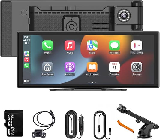11 inch Wireless Apple CarPlay & Android Auto Screen for Car with 4K Dash Cam,Ultra-Light Touchscreen, IP68 1080P Backup Camera, GPS Navigation, Voice Control, Mirror Link(64GB U3 Card)