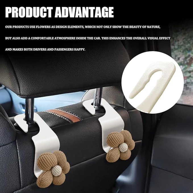 4PCS Car Headrest Hooks, Purse Hook for Car, Cute Flower Auto Backseat Organizer Hanger for Purse Grocery Bag Coat, Auto Seat Back Organizer Storage Hanger Holder Fit Vehicles (White/Orange)