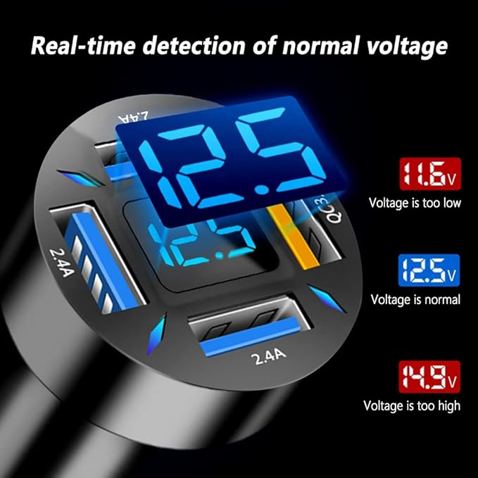 Aokdom 4-in-1 Car Charger 66W Super Fast Charging with USB 2.4A&QC 3.0(Voltmeter&LED Lights) Universal Quick Charge for 12-24V Car Cigarette Lighter Plug(Black-QC/2.4A)