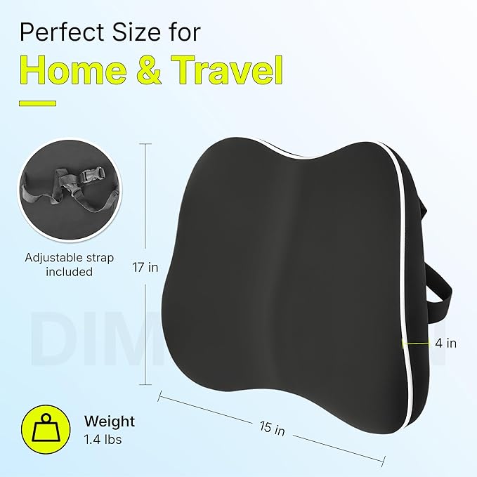 Teemtan Lumbar Support Pillow for Office Chair & Car, Ergonomic High-Density Memory Foam Back Cushion with Cooling Breathable Cover, Adjustable Strap for Lower Back Comfort and Posture, Black