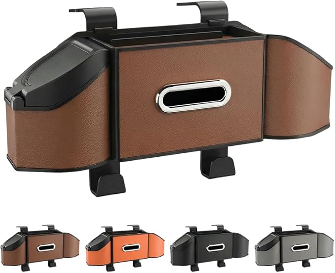 7-in-1 Car Backseat Organizer,Multifunctional Car Organizers and Storage Box with Cup Holder, Tissue Box,Trash Bin,Phone Mount and Hooks,Car Essentials Accessories for Women and Men (Brown)