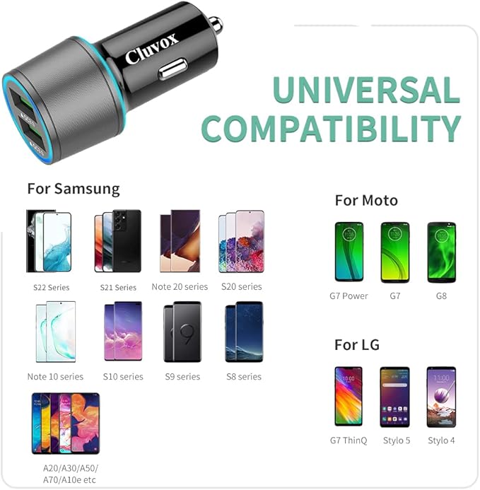 Rapid USB C Car Charger, Compatible for Samsung Galaxy S26/S25 Plus/Ultra/S24/S23/S22/S21/Note 20/10/S20/S10+/S9/A56/A36/A50/A70, Quick Charge 3.0 Dual USB 18W Fast Car Charger+ Type C Cable 3.3ft