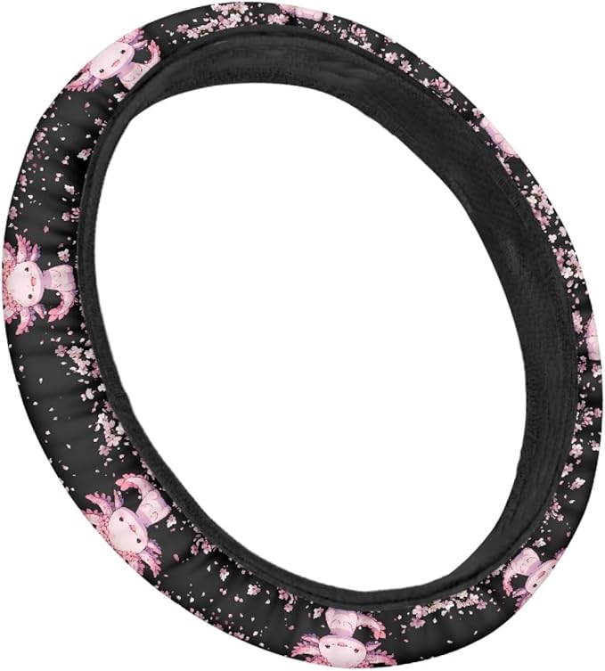 AFPANQZ Cartoon Axolotl Cherry Blossom Car Steering Wheel Cover Non-Slip Rubber Steering Wheel Covers Warm Breathable Steering Wheel Covers Sweat Absorption Car Steering Wheel Covers 15 Inches Pink