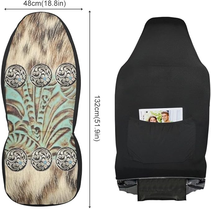 Western Car Seat Covers Set of 2,Rustic Brown Beige Teal Western Country Cowboy Tooled Leather Universal Auto Front Seat Cushion Protector for Women Men Cool Car Accessories Fit for Car Truck