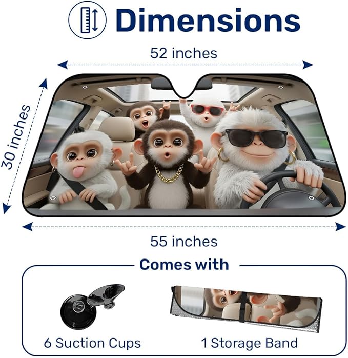 GENANY Monkey Windshield Sun Shade for Car SUV Truck (55x30 Inches), Front Window Visor for Windows, Protector Blocks UV