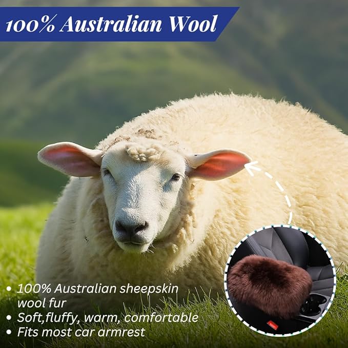 Andalus Brands Pure Australian Sheepskin Fluffy Car Center Console Cover, Luxurious Non-Shedding Furry Arm Rest Cover for Car, Versatile for All Seasons, Mocha - (11.47" X 6.3")