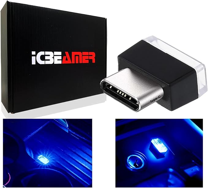 ICBEAMER Type C Adapters Atmosphere Light 1-Pack (Blue) | Universal Plug-in Miniature LED Night Light for Car Interior and Trunk Ambient Lighting, Easy Installation, Energy Efficient