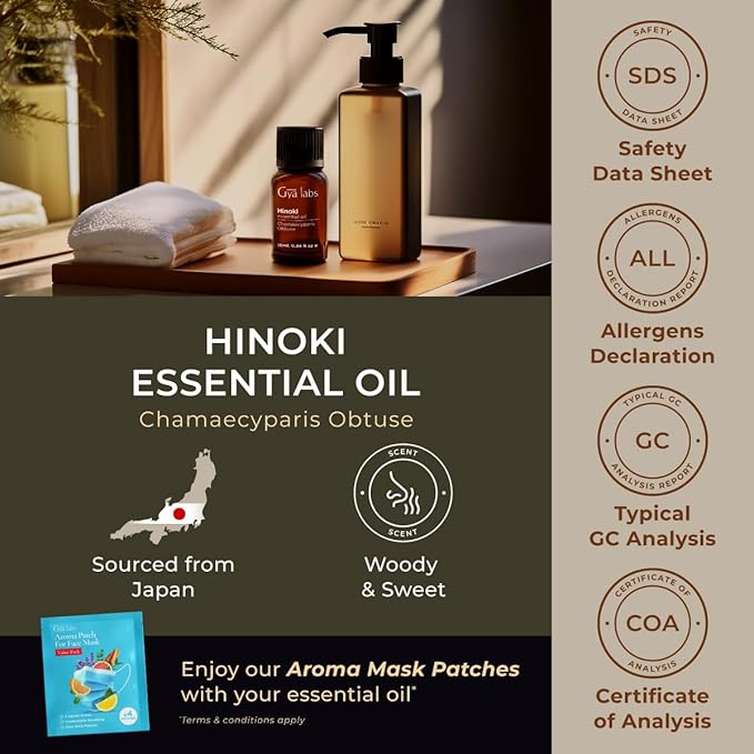 100% Pure Hinoki Essential Oil - 0.34 Fl Oz - Hinoki Oil for Hair, Skin, Diffuser, Aromatherapy & DIY Candle Making Scent