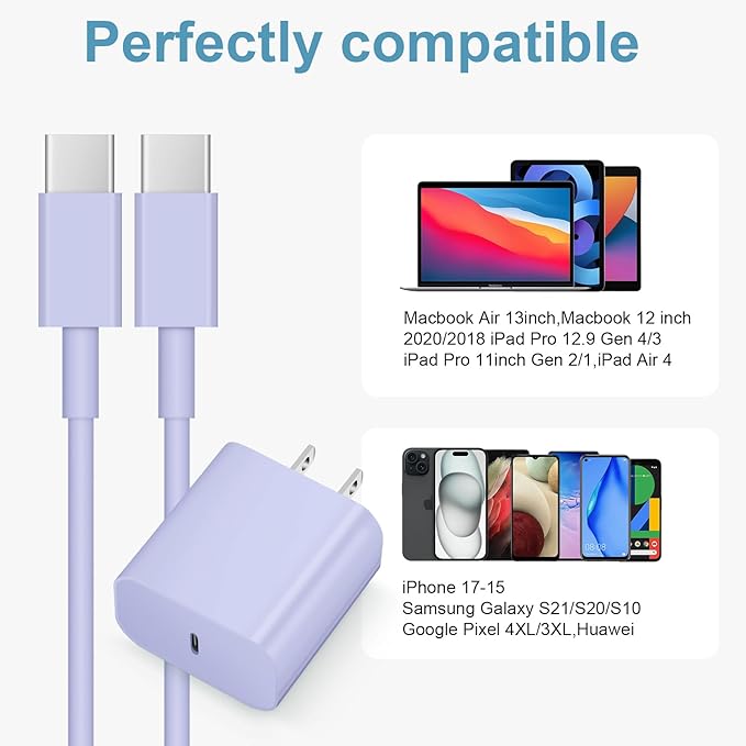 iPhone 17 16 15 Charger Fast Charging 3 Pack USB C Charger Block Type C Chargers 6FT Cord Wall Chargers Compatible with iPhone Air/17/17 Plus/17 Pro/17 Pro Max/16/16 Plus/16 Pro/16 Pro (Purple)