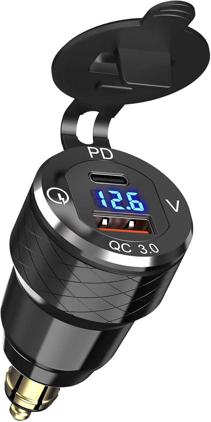 USB C 30W PD3.0 Fast Charger Din to USB, Hella Plug USB Adapter, 18W QC3.0 Power Outlet, Aluminum Voltmeter for 12V-24V Ducati Triumph BMW Motorcycle and More European Style Motorcycles