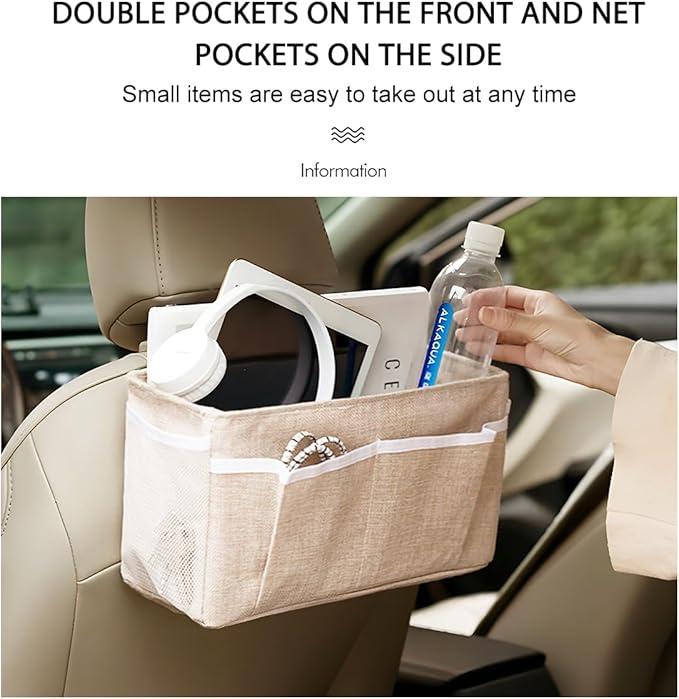 Car Seat Back Organizer, Linen Hanging Self-Adhesive Vehicle Backseat Storage Bag with Multiple Pockets, Auto Caddy for Book Water Bottle Holder, Universal for SUV, Truck, Van (Beige)