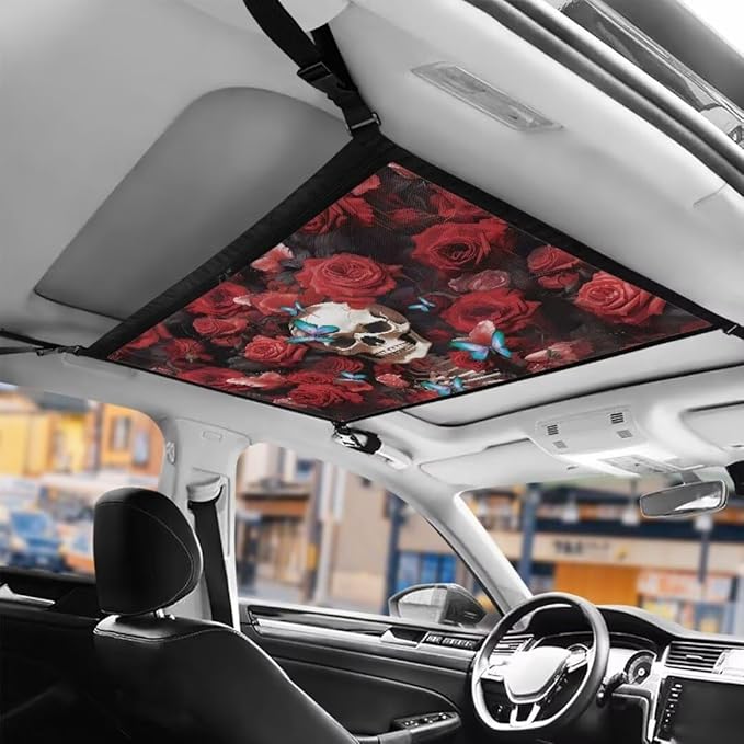 Car Roof Storage Bag Rose Skeleton Print Car Roof Seat Organizer Multi-Purpose Car Bag Storage Box Organizer Pouch Pocket One Size Car Travel Accessories Suitable for Cars, SUVs