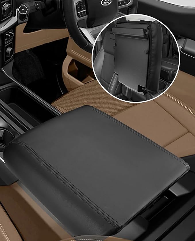 INTGET Center Console Cover for 2025 2026 Ford F150 Accessories Interior 2021 2022 2023 2024 Car Middle Arm Rest Armrest Lid Seat Cover Protector Elbow Cushion Pad(Black Stitches, 2021-2026)