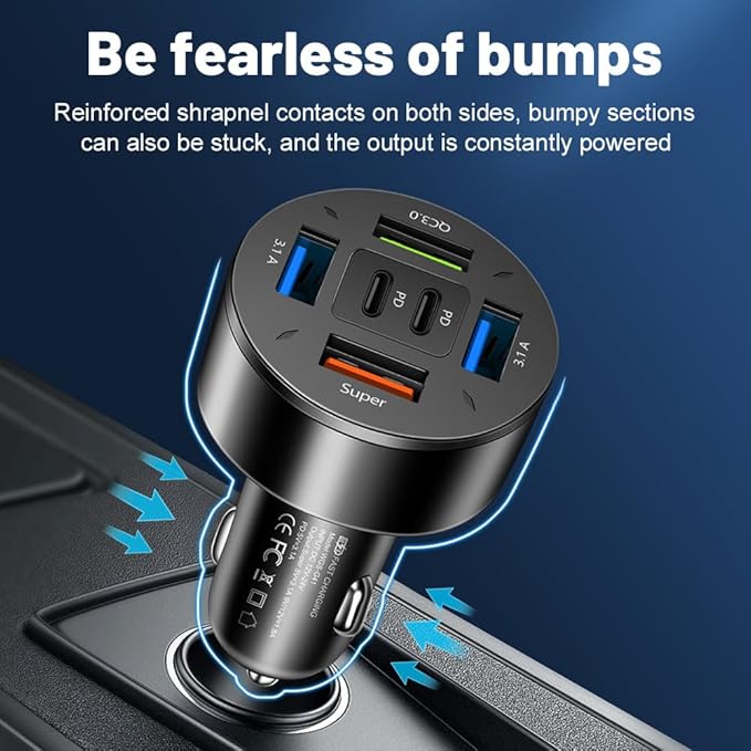 66W Multi-Port USB C Car Phone Charger, 6 in 1 Super Fast Charging Cigarette Lighter USB Charger for iPhone 16 15 14 13 12 11/Android/Samsung/iPad Pro and More (Black)