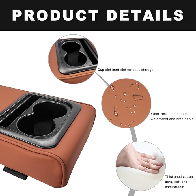 Car Center Console Armrest Pillow, 14"×8.3" Waterproof Leather Armrest Box Cover with Cup and Phone Holder, Soft Memory Foam Arm Rest Console Pad Protector for SUV Truck (Brown, Glossy)
