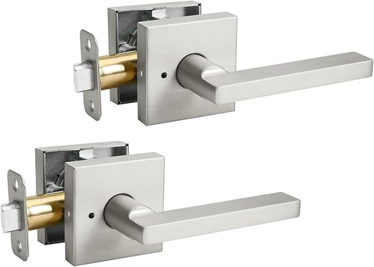 2 Pack Brushed Nickel Privacy Door Handles for Bed/Bathroom Interior Door Knob, Reversible Door Locks for Left or Right Sided Doors