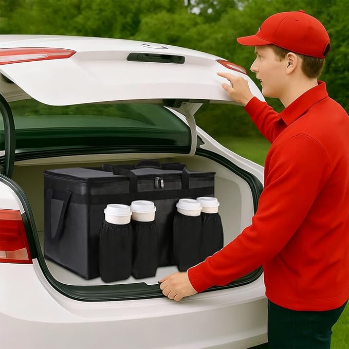 Bodaon Insulated Grocery Bags with 4 Cup Holders -Insulated Bags for Food Delivery with Zippered Top, Food Carrier for Catering, Pizza Bag and Cooler Bag for Takeout, Picnic, Shopping, Car Use