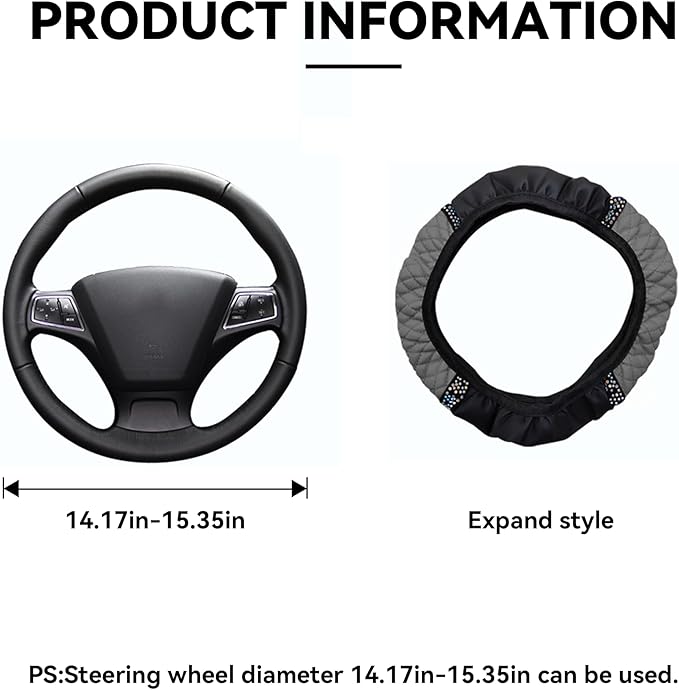 Bling Car Steering Wheel Cover, 15 Inch Rhinestones Soft Leather Elastic Steering Wheel Protector, Sparkly Crystal Diamond for Women Girls, Car Interior Accessories for Most Cars (Grey)