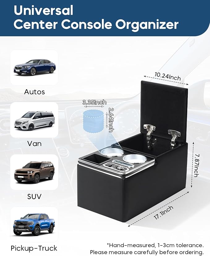 Upgraded Center Console, Wireless Charging Phone Holder & Cup Holders Armrest Organizer for Car Minivan Truck Van, Universal Rear Bench Seat Storage Box with 7 Modes LED Light