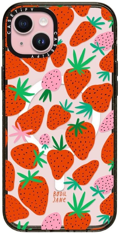 CASETiFY Impact iPhone 15 Plus Case [4X Military Grade Drop Tested / 8.2ft Drop Protection/Compatible with Magsafe] - Strawberries - Clear Black