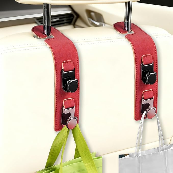 HZEL 2PCS Car Seat Headrest Hooks, Dual Hook Suede Vehicle Backseat Storage Holder for Purse Handbag Coat, Multifunctional Auto Seat Back Grocery Hanger Organizer, Universal for Vehicles (Red)