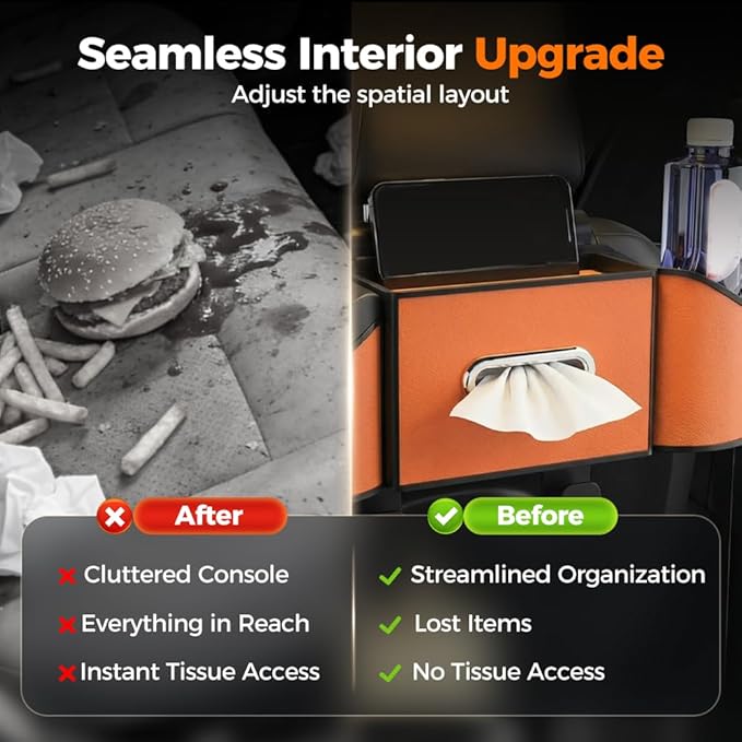 7-in-1 Car Backseat Organizer,Multifunctional Car Organizers and Storage Box with Cup Holder, Tissue Box,Trash Bin,Phone Mount and Hooks,Car Essentials Accessories for Women and Men (Brown)