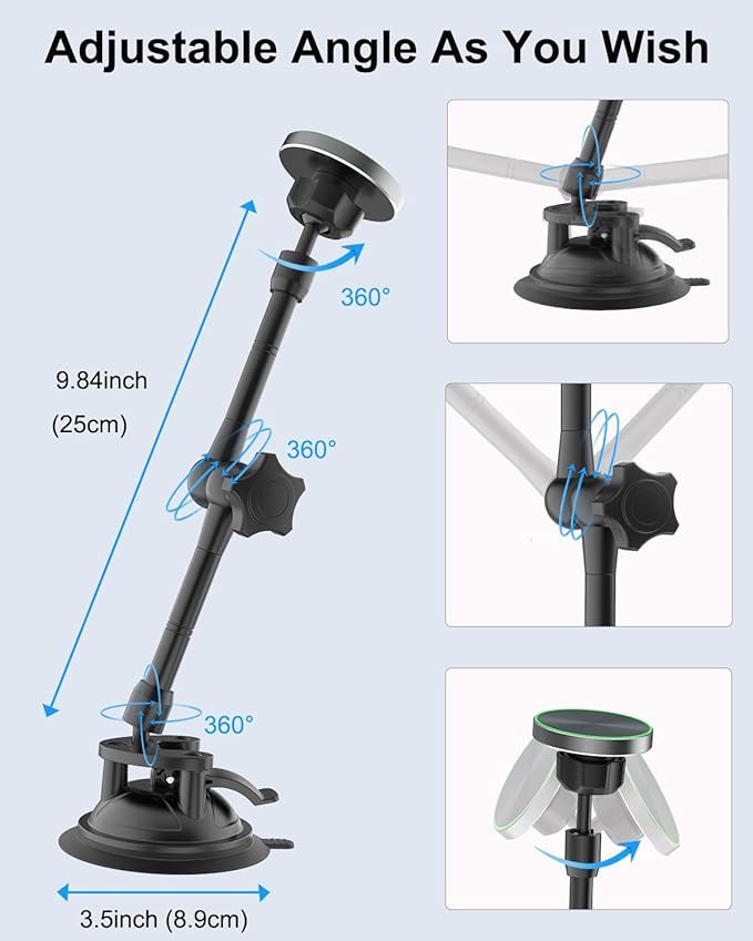 Heavy Duty Magnetic Tablet Mount for Truck Dashboard Windshield, Long Arm Suction Cup Car Mount for iPad Pro Air Mini 4–11'', MagSafe Holder for SUV Van Pickup iPhone 16/15 Galaxy
