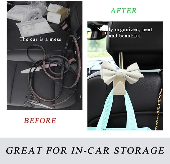 2 PCS Car Seat Headrest Hooks, Cute Bow Shaped Vehicle Backseat Storage Hooks, Leather Bow Shaped Sturdy Car Seat Back Hooks for Purses/Coats/Umbrellas, Car Accessories (White)