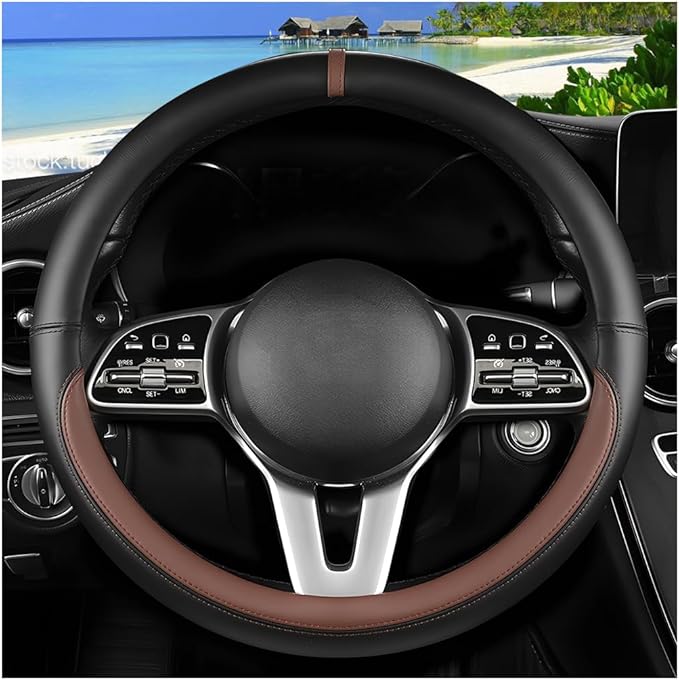 Car Steering Wheel Cover, 15 Inch Leather Anti-Slip Breathable Vehicle Steering Wheel Protector, Automotive Interior Protection Accessories, Universal for SUV Sedan Truck (Black/Coffee)
