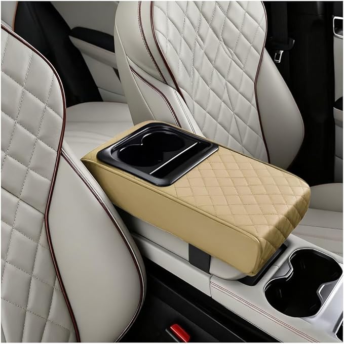 Car Center Console Armrest Pillow, Vehicle Armrest Seat Box Cushion Pad with Cup Holder & Phone Holder, Comfortable Auto Middle Console Cover, Universal for SUV RV Truck (Diamond, Beige)