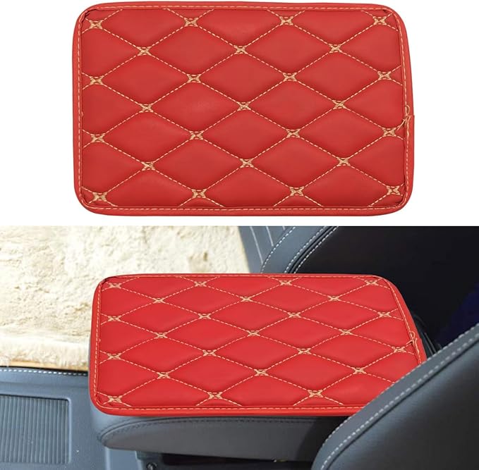 Leather Center Console Cover for Cars, Waterproof Arm Rest Box Protective Cover Car Center Console Cushion Pad, Universal Middle Console Armrest Pad Cover for Most Vehicles (Red/Beige)