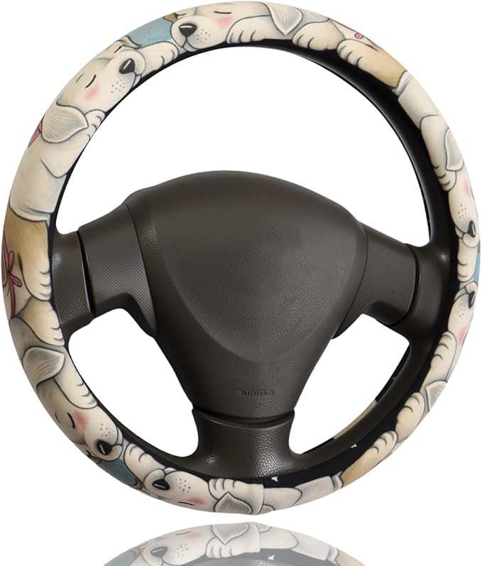 Sleeping Puppies Steering Wheel Cover for 14.5-15 Inch (37-38 cm) Wheels, Premium Fabric with Non-Slip Rubber Inner Ring (Sleeping Puppies & Stars)