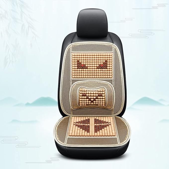 Natural Wood Beaded Seat Cover with Cooling Ventilated Mesh, Massage Seat Cushion with Lumbar Support for Car/Truck Driver