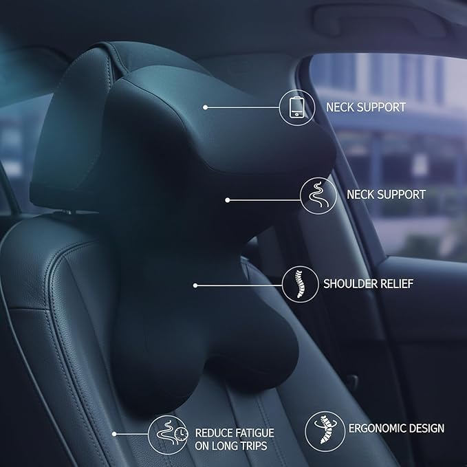 Car Neck Pillow for Driving Seat Car headrest Pillow/Gaming Chair Pillow with Adjustable Strap Removable Cover Ergonomic Design Neck Support Pillow for auto, Office Chair, Gaming Chair(Black)