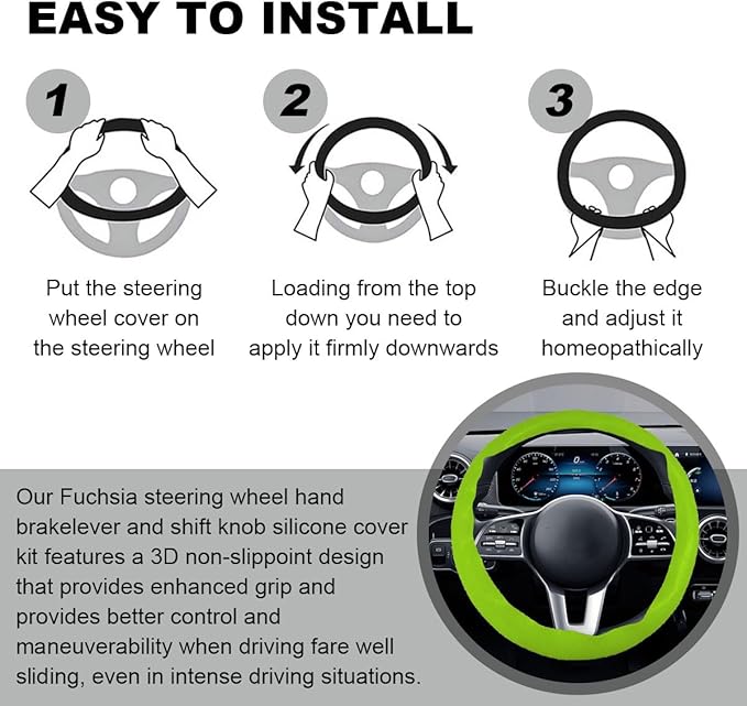 3PCS Silicone Car Steering Wheel Cover Set - Includes Car Handbrake Cover & Gear Shift Cover & Anti-Slip Steering Wheel Protector, Universal Auto Interior Decoration for Most Cars (Green)