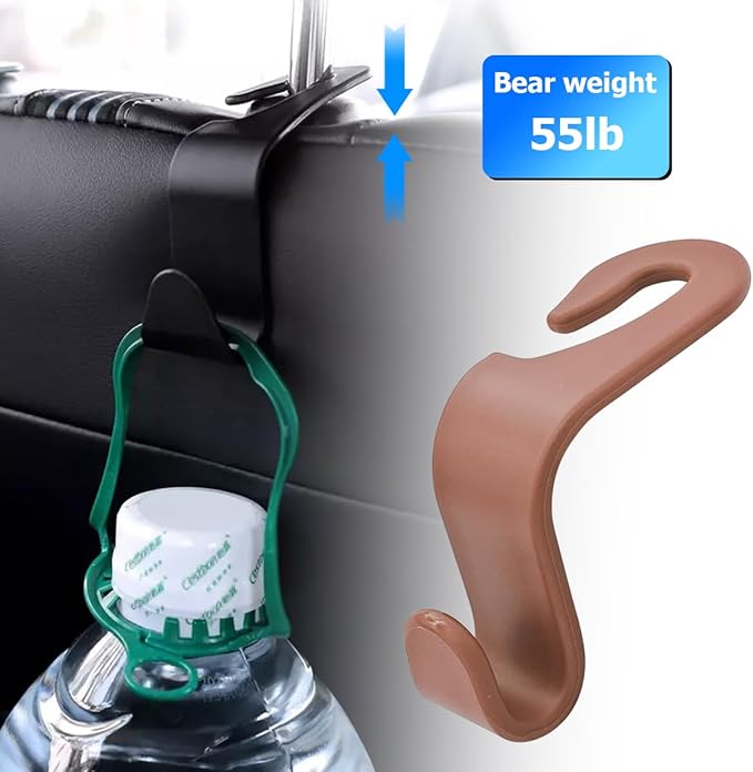 4PCS Car Back Seat Headrest Hooks, Rear Car Seat Storage Headrest Hanger Holder Hooks Organizer, Universal Auto Interior Accessories for Bag Purse Handbag Cloth Coats Grocery (Brown)