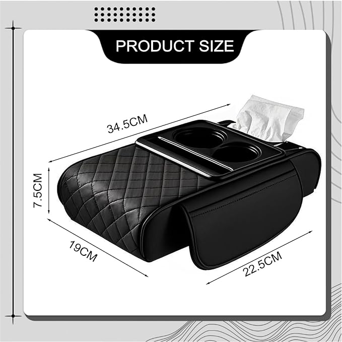 Car Center Console Organizer Armrest Storage Box with 2 Cup Holders-Universal 5-in-1 Leather Cushion Cover,Phone Slot & Tissue Holder for SUV/Sedan(Black)