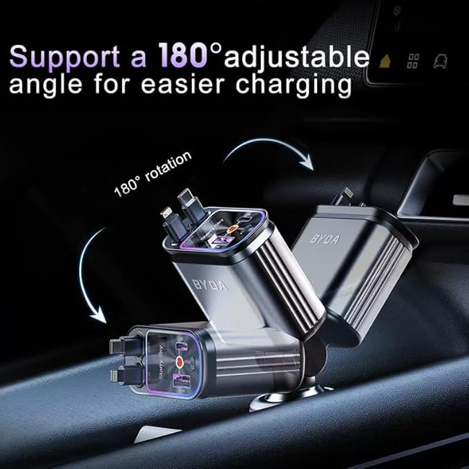 4 in 1 Retractable Car Charger with Starry Light,69W USB-C Fast Car Charger, for iPhone 17/16/15/14/13/12/11, Android,Pixel,Cigarette Lighter Charger (for Lightning+USB-C)