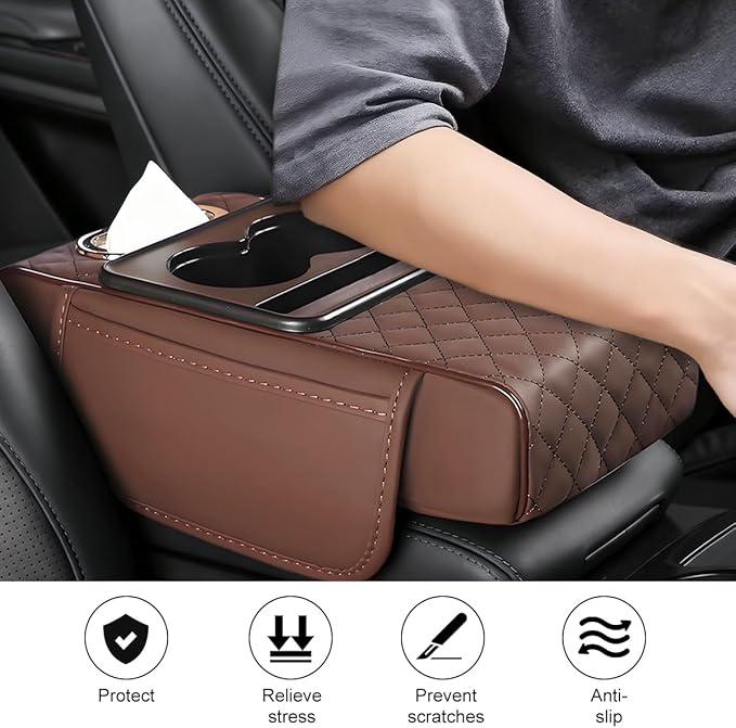 Car Armrest Cushion, 5-in-1 Nappa Leather Vehicle Centre Console Cover with 2 Storage Pockets, Cup Phone & Phone Holder, Multifunctional Auto Organiser Accessories, Universal Fit (Coffee)