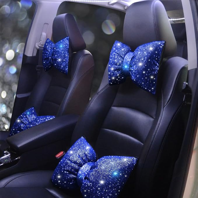 Automotive Headrest Cushion Colorful Bowknot Car Headrest Pillow Bling Bling Rhinestones and Crystal Support Black Bling Auto Accessories Driver Neck Support Blue 2Pcs