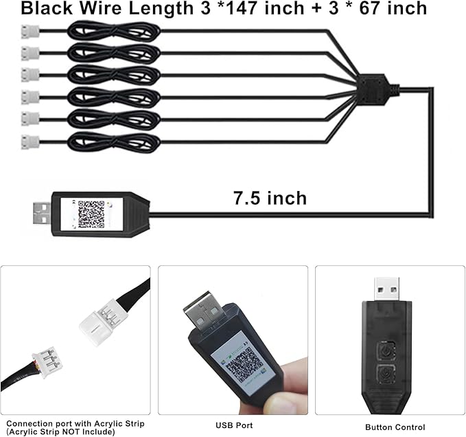 6 in 1 USB Acrylic Interior Car Lights Controller with Button Control, Dreamcolor Car Ambient Lighting Kit Replacement, Inside LED Accessories for Vehicle (Only USB 6 in 1 Controller with Button)