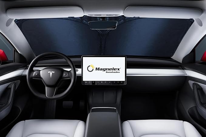 Magnelex Tesla Windshield Sun Shade for Model 3 and Model Y 2017-2026 - Reflective 240T Material Sun Shade with Mirror Cut-Out | Foldable Sunshade