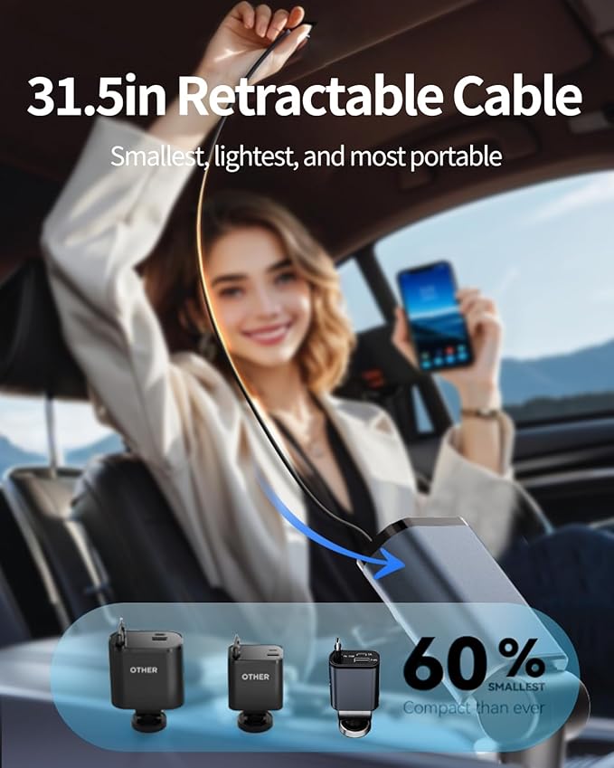 Retractable Car Charger, 3 in 1 Fast Car Phone Charger 50W, 1 TypeC Retractable Cables and USB Port,USB C Car Charger Compatible with iPhone 17/17 Pro Max/16/15/14/13/12/11,for Galaxy S25,Pixel 10