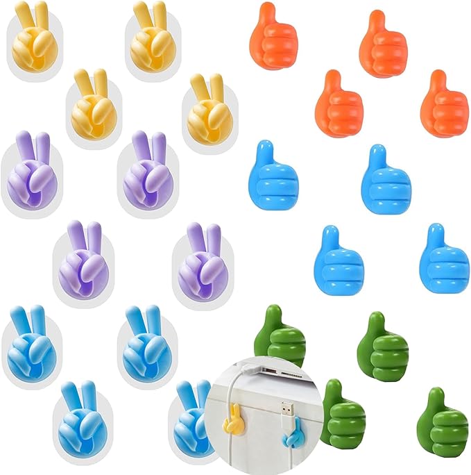 24Pcs Silicone Cord Holders, Thumbs Up Wall Hook for Keys Cord Organizer, Self Adhesive Cable Clips Hooks, Cool Office Gadgets for Desk Stuff