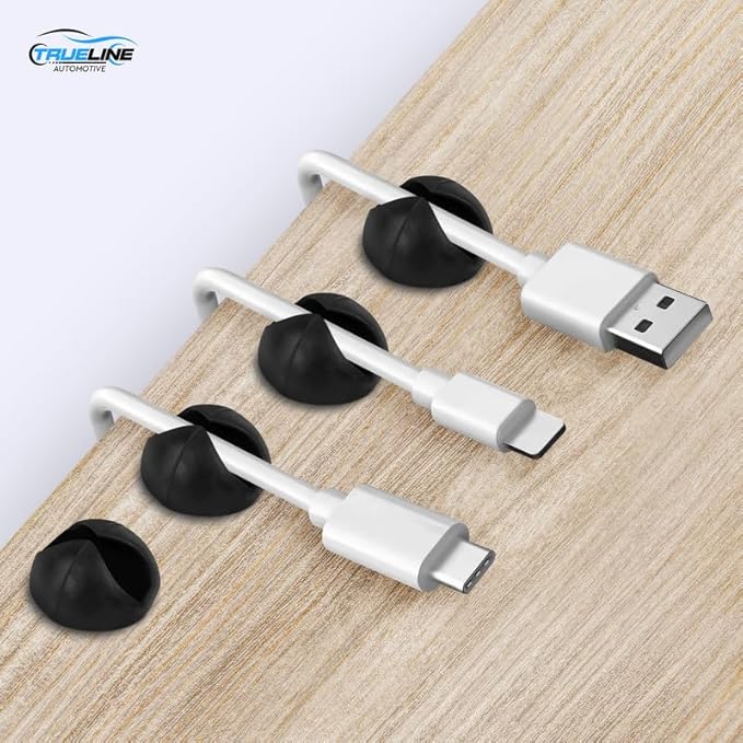 TRUE LINE Automotive 10-Pack Phone Cord Holder - Adhesive Cable Clips - Cord Clips for Desk & Cars, Black, 6 Inches